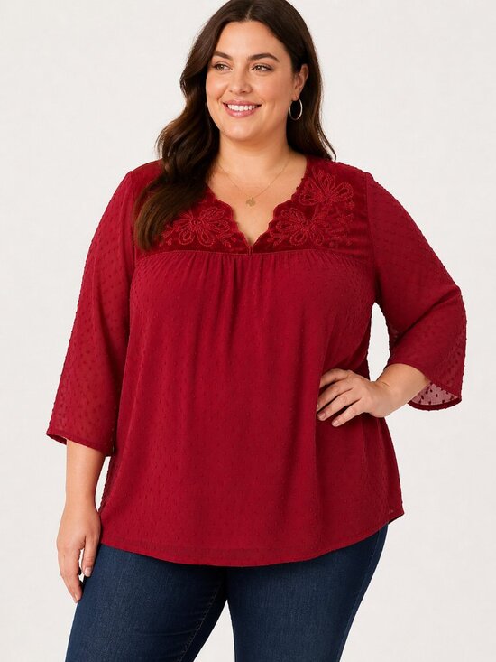 Style & Co Tops - Style & Co Red Swiss Dot Embroidered Boho Blouse 1X Velvet Trim